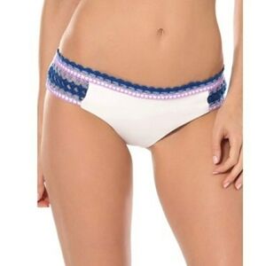 NWT Becca Crochet Trimmed White Blue Hipster Bikini Bottoms